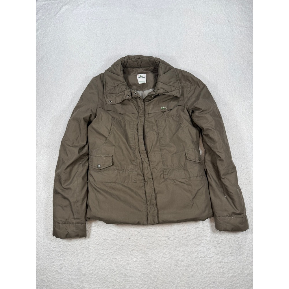 Lacoste Womens Olive Brown Full Zip Quilted Collar Utility Jacket Size 40